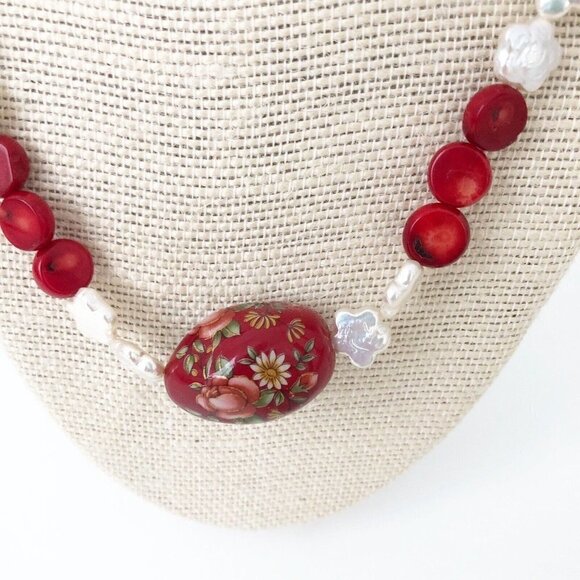 NWT Genuine Red Coral, Carved Cinnabar & Pearl Necklace Beaded - Picture 2 of 6